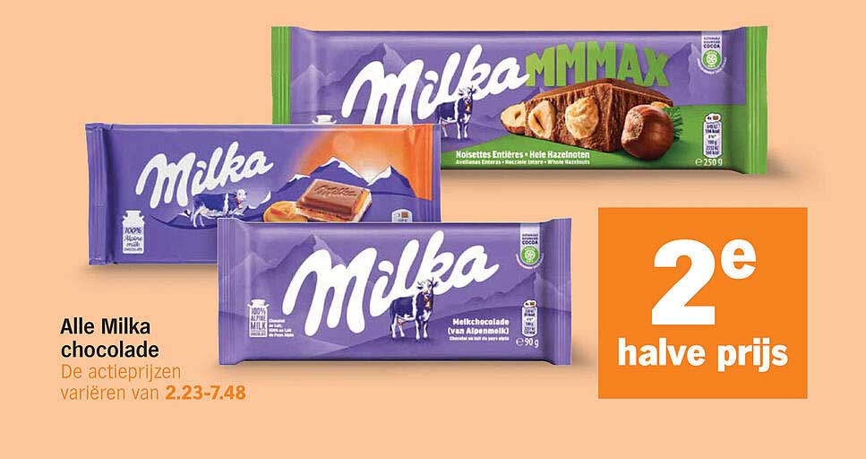 Alle Milka chocolade 2e halve prijs