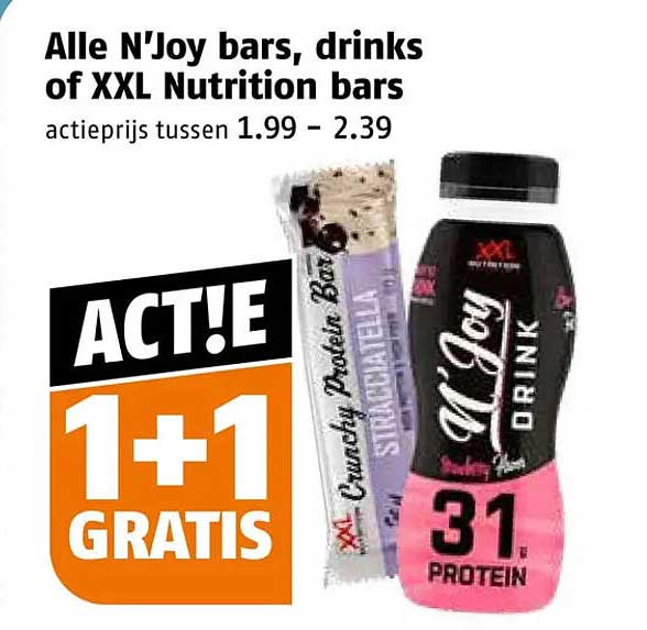 Alle N'Joy bars, drinks of XXL Nutrition bars 1+1 GRATIS