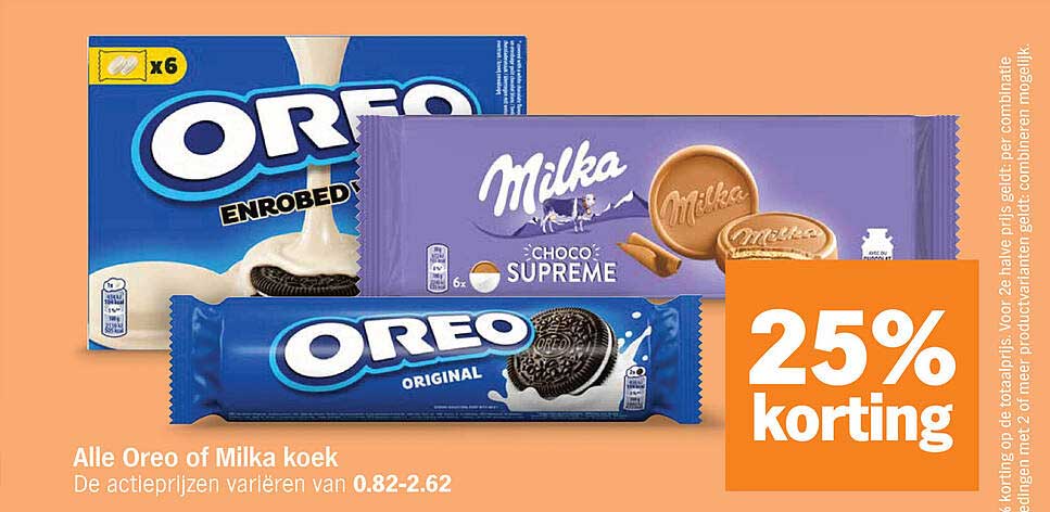 Alle Oreo of Milka koek 25% korting