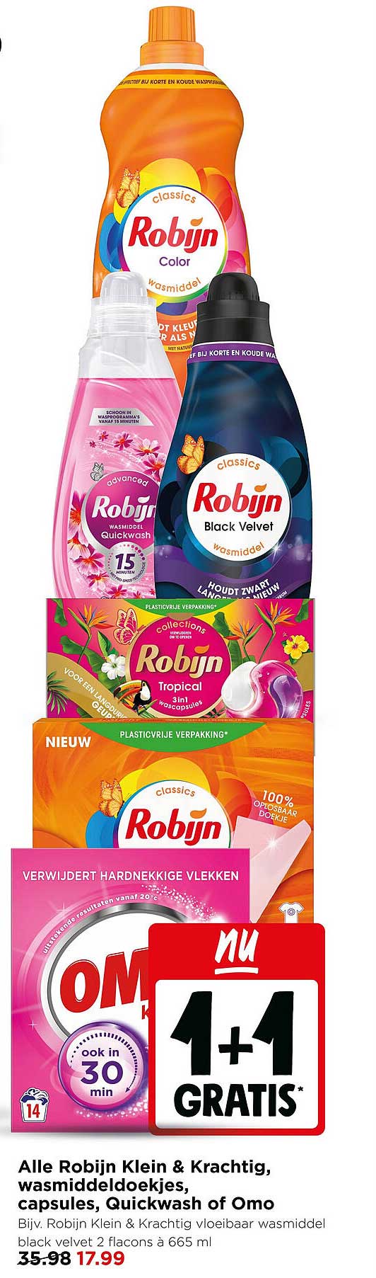 Alle Robijn Klein & Krachtig, wasmiddeldoekjes, capsules, Quickwash of Omo 1+1 GRATIS