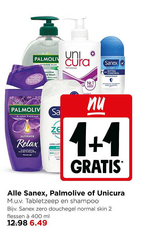 Alle Sanex, Palmolive of Unicura M.u.v. Tabletzeep en shampoo 1+1 gratis