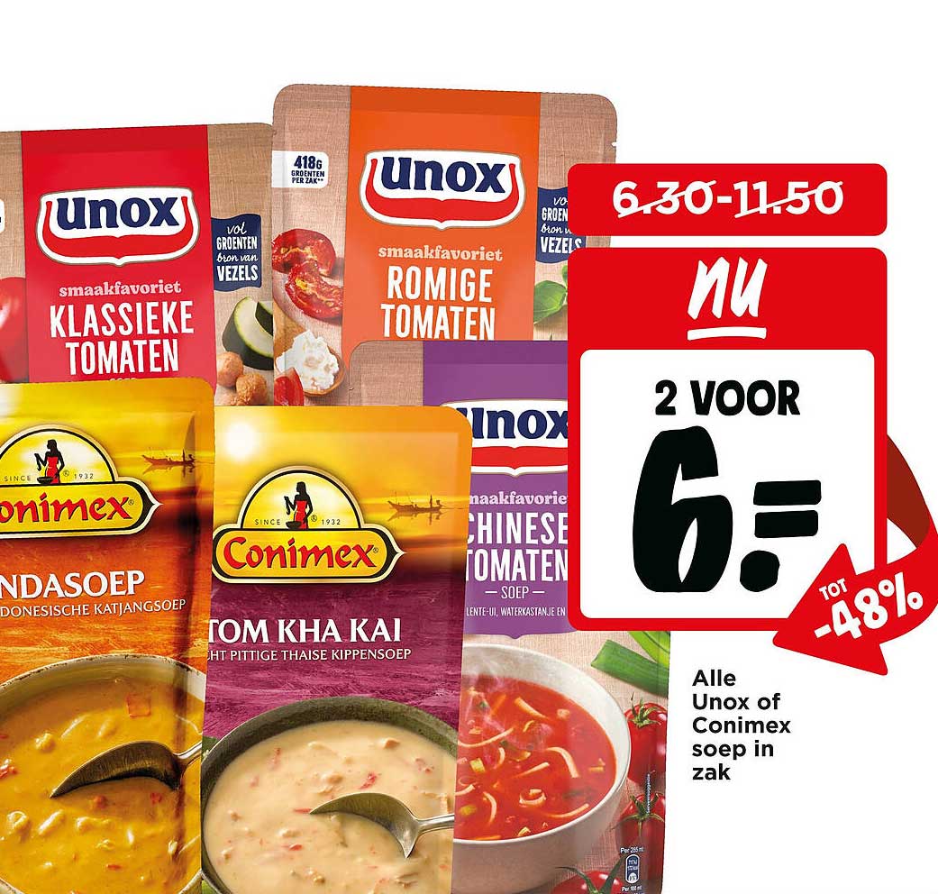Alle Unox of Conimex soep in zak 2 voor 6,- tot -48%