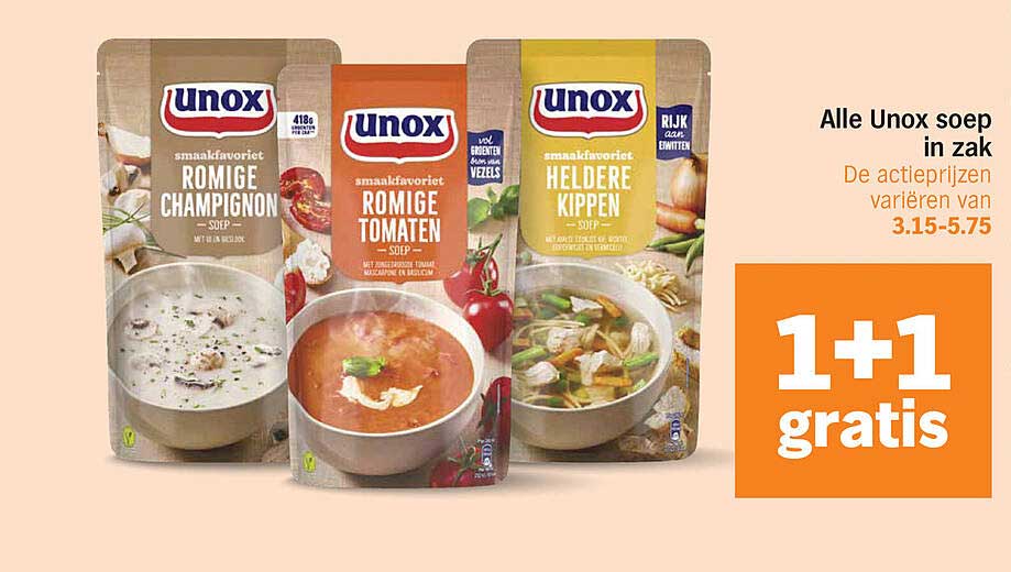 Alle Unox soep in zak 1+1 gratis