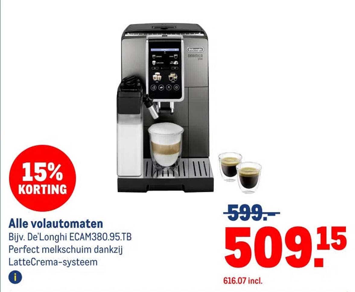 Alle volautomaten Bijv. De'Longhi ECAM380.95.TB Perfect melkschuim dankzij LatteCrema-systeem 15% korting