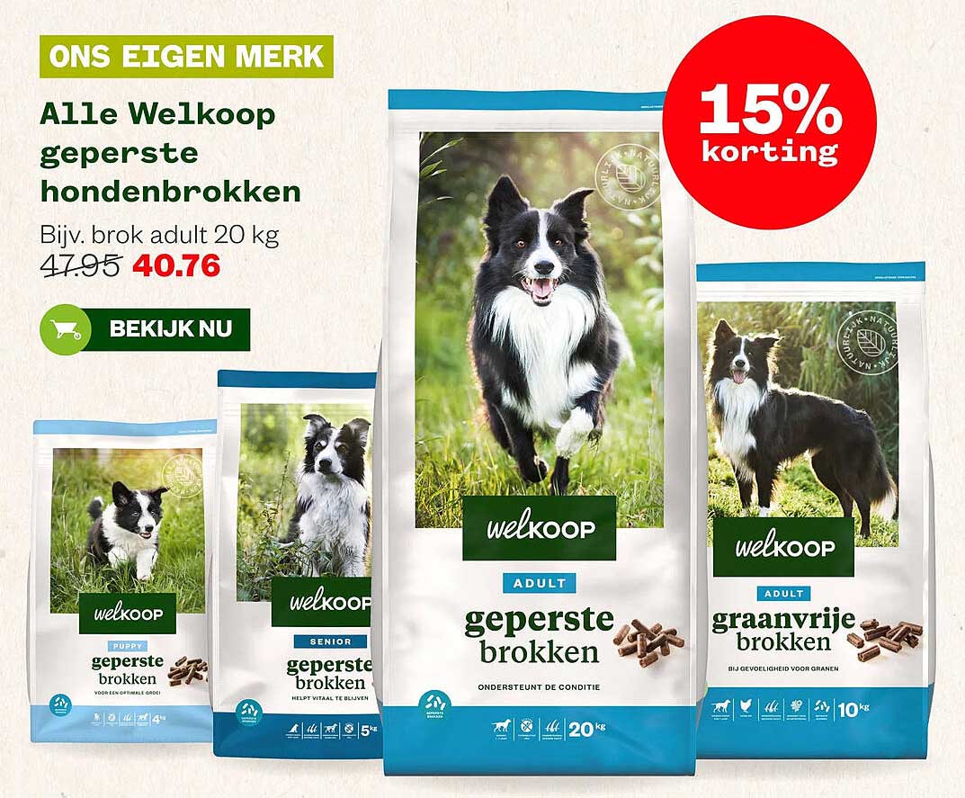 Alle Welkoop geperste hondenbrokken 15% korting