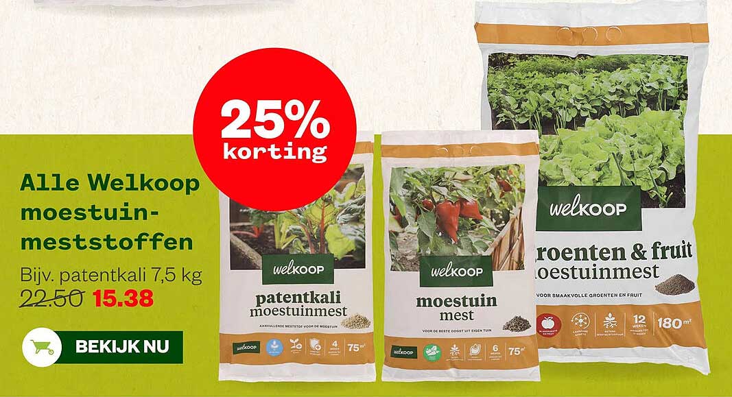 Alle Welkoop moestuin-meststoffen 25% korting