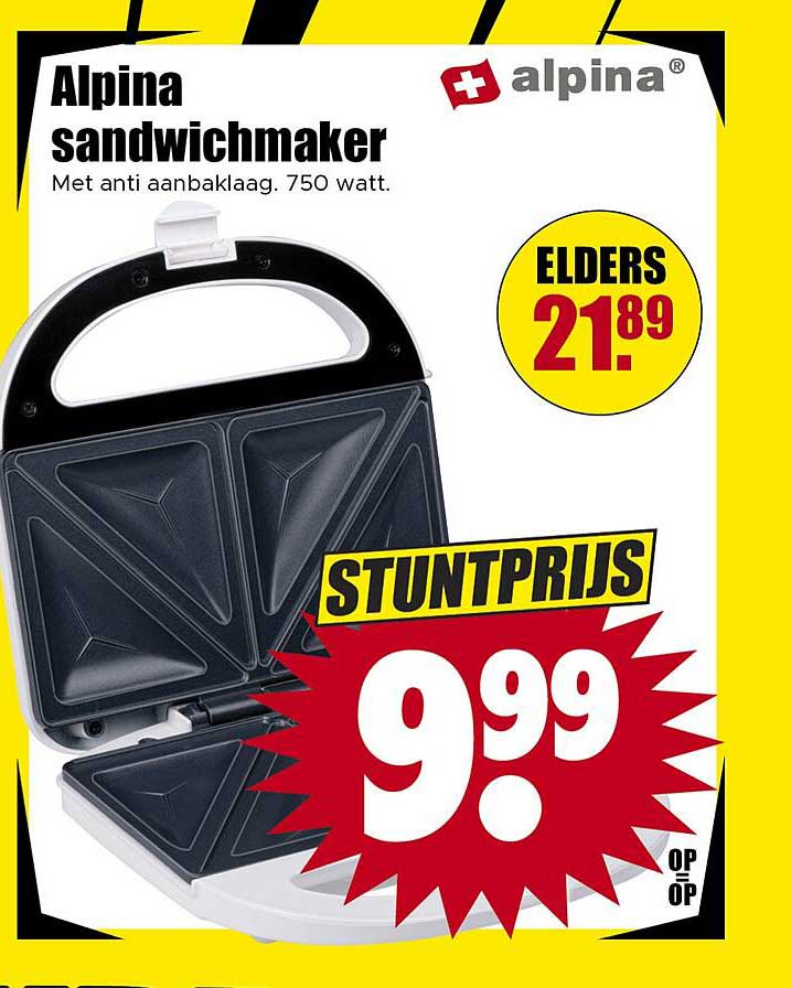 Alpina sandwichmaker met anti aanbaklaag. 750 watt. STUNTPRIJS