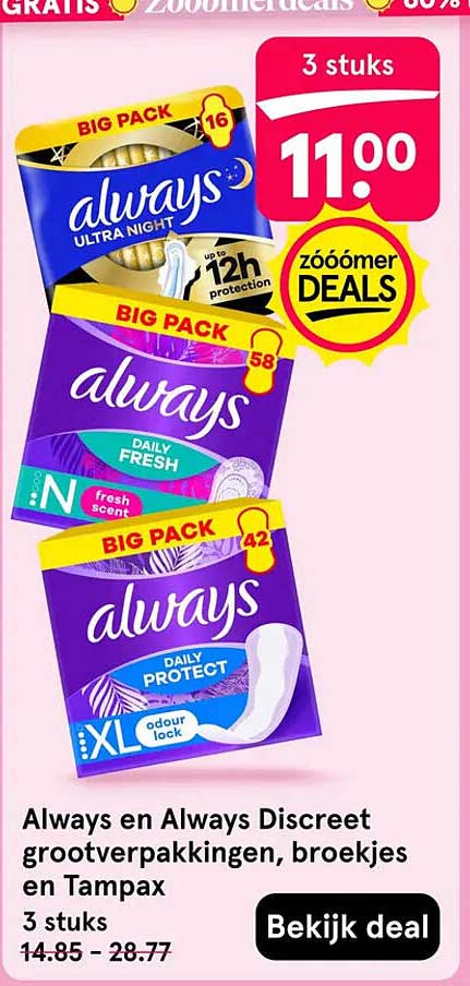 Always en Always Discreet grootverpakkingen, broekjes en Tampax 3 stuks