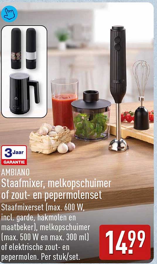 AMBIANO Staafmixer, melkopschuimer of zout- en pepermolenset