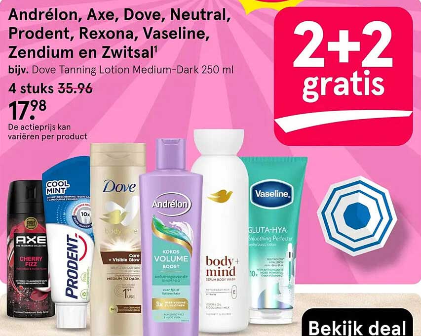 Andrélon, Axe, Dove, Neutral, Prodent, Rexona, Vaseline, Zendium en Zwitsal 2+2 gratis