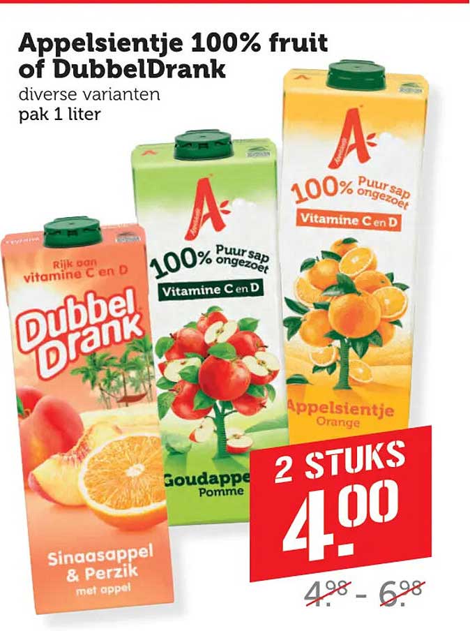 Appelsientje 100% fruit of DubbelDrank diverse varianten pak 1 liter 2 stuks