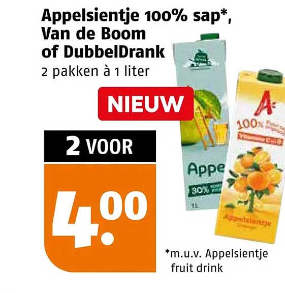 Appelsientje 100% sap*, Van de Boom of DubbelDrank 2 pakken à 1 liter - NlEuw 2 VOOR