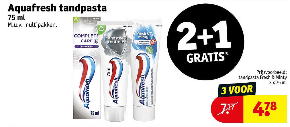 Aquafresh tandpasta 75 ml M.u.v. multipakken. 2+1 GRATIS*