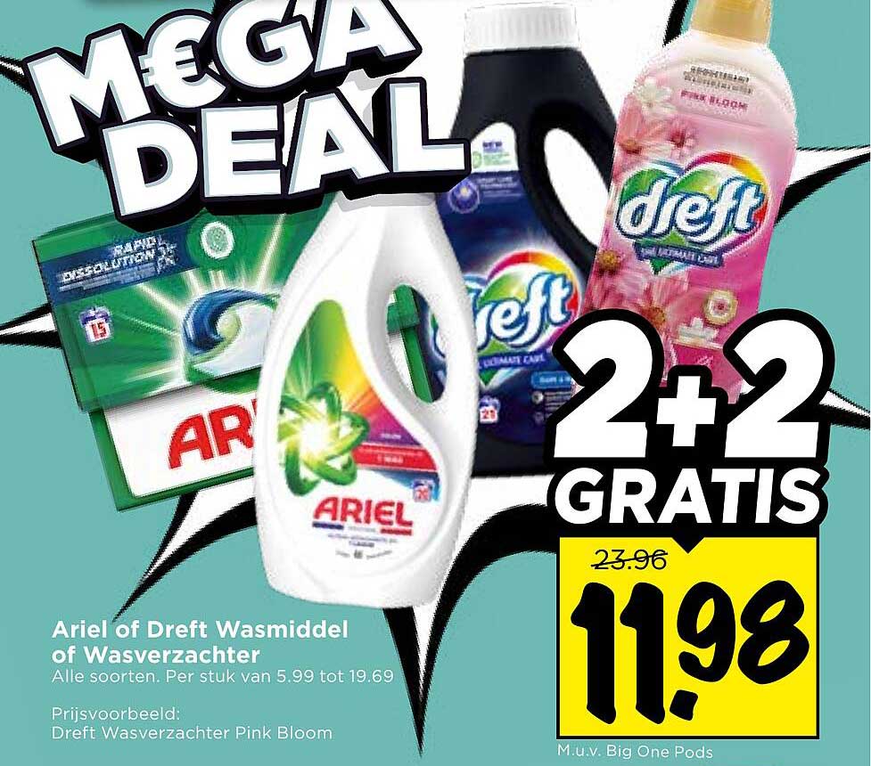 Ariel of Dreft Wasmiddel of Wasverzachter 2+2 GRATIS
