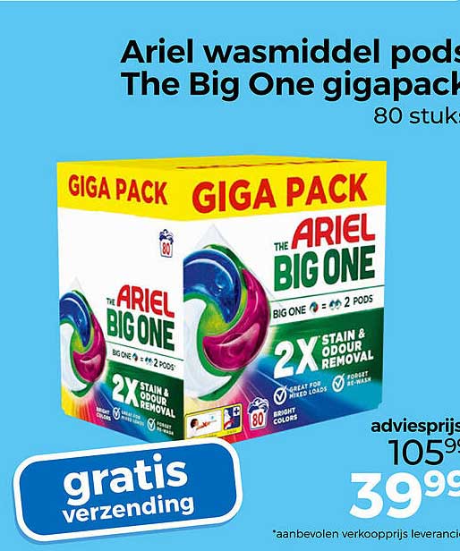 Ariel wasmiddel pods The Big One gigapack 80 stuks gratis verzending