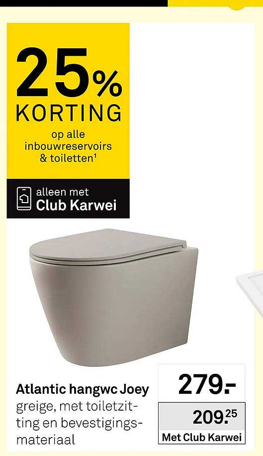 Atlantic hangwc Joey greige, met toiletzitting en bevestigingsmateriaal 25% KORTING op alle inbouwreservoirs & toiletten¹ alleen met Club Karwei