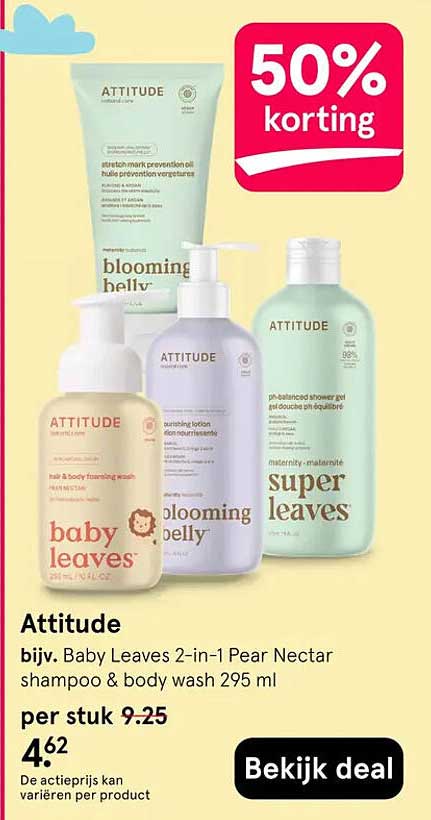 Attitude bijv. Baby Leaves 2-in-1 Pear Nectar shampoo & body wash 295 ml 50% korting