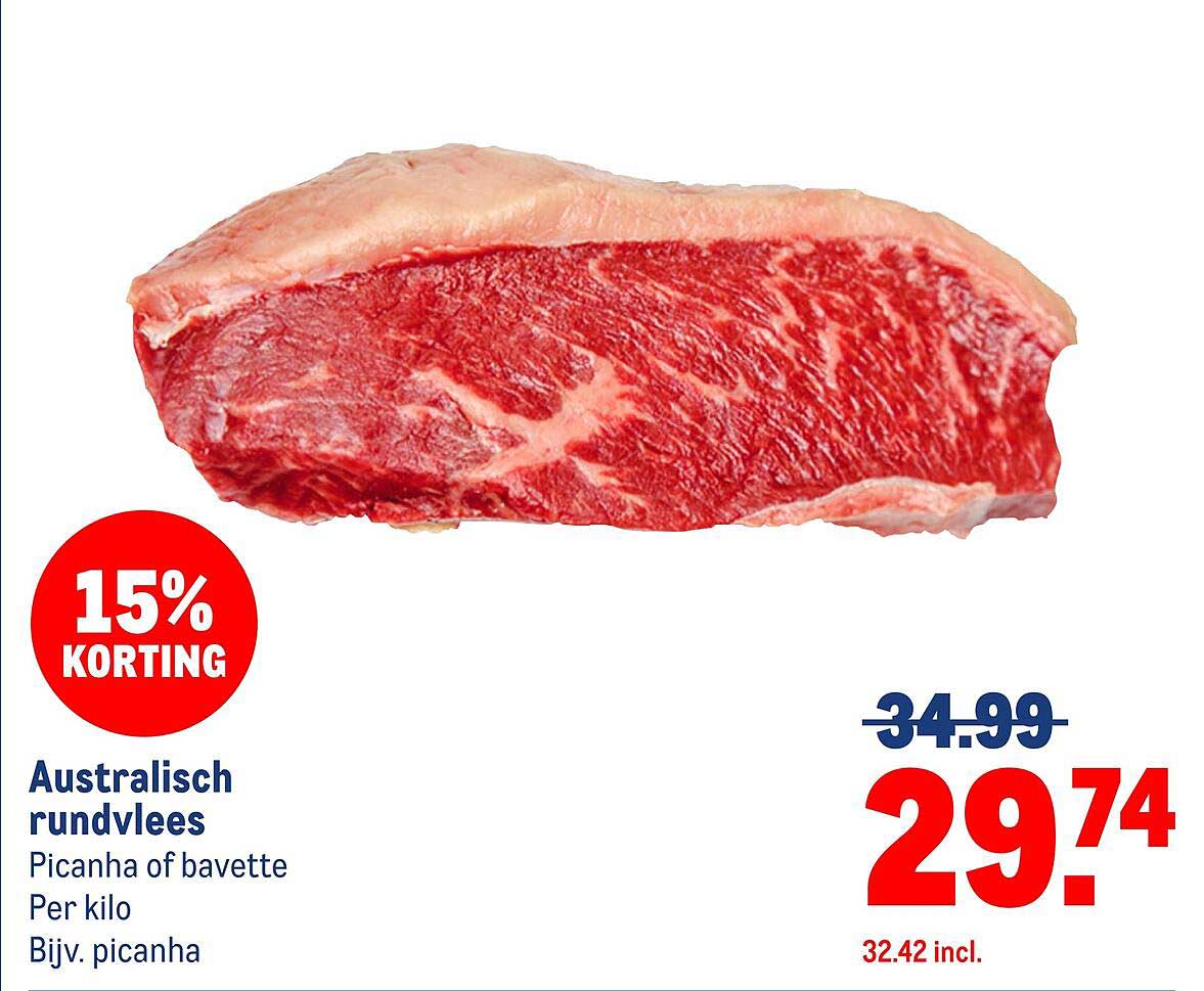 Australisch rundvlees Picanha of bavette Per kilo Bijv. picanha 15% KORTING