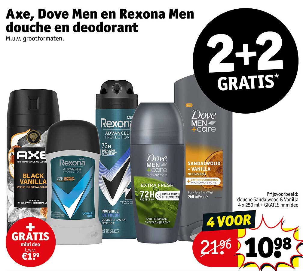 Axe, Dove Men en Rexona Men douche en deodorant M.u.v. grootformaten. 2+2 gratis
