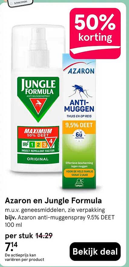 Azaron en Jungle Formula m.u.v. geneesmiddelen, zie verpakking bijv. Azaron anti-muggenspray 9.5% DEET 100 ml