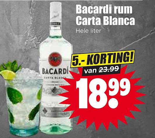 Bacardi rum Carta Blanca Hele liter 5.- KORTING!