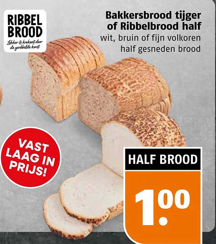Bakkersbrood tijger of Ribbelbrood half wit, bruin of fijn volkoren half gesneden brood