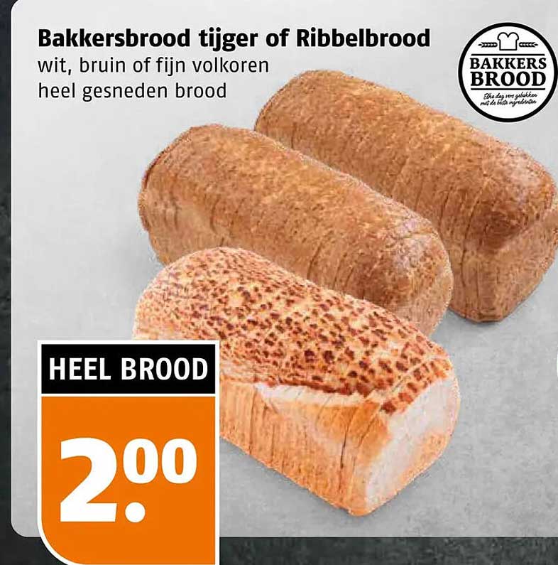 Bakkersbrood tijger of Ribbelbrood wit, bruin of fijn volkoren heel gesneden brood