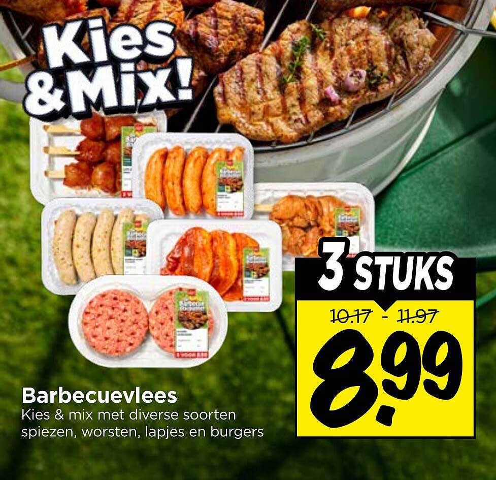 Barbecuevlees Kies & mix met diverse soorten spiezen, worsten, lapjes en burgers 3 STUKS