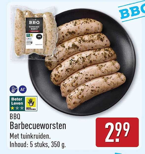 BBQ Barbecueworsten Met tuinkruiden. Inhoud: 5 stuks, 350 g.
