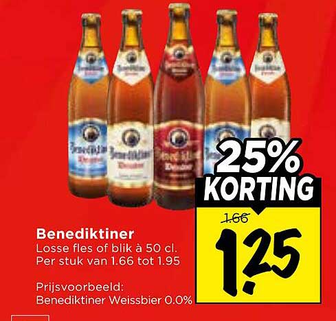 Benediktiner Losse fles of blik à 50 cl. Per stuk van 1.66 tot 1.95 25% KORTING