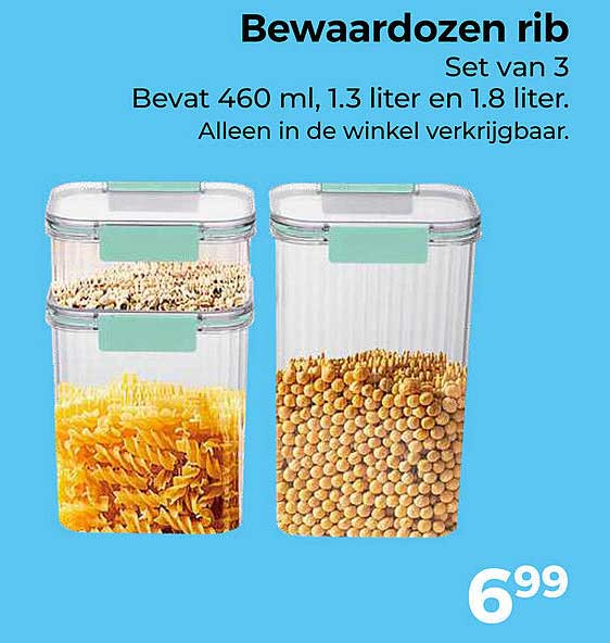Bewaar dozen rib Set van 3 Bevat 460 ml, 1.3 liter en 1.8 liter. Alleen in de winkel verkrijgbaar.