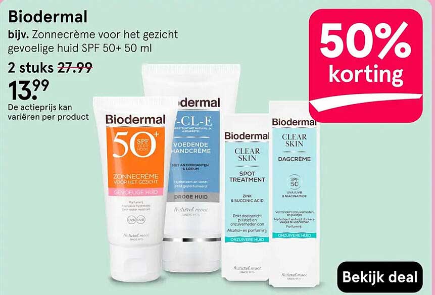 Biodermal bijv. Zonnecrème voor het gezicht gevoelige huid SPF 50+ 50 ml 50% korting