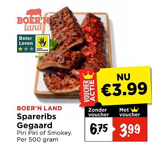 BOER’N LAND Spareribs Gegaard Piri Piri of Smokey. Per 500 gram VOORDEELVOUCHER
