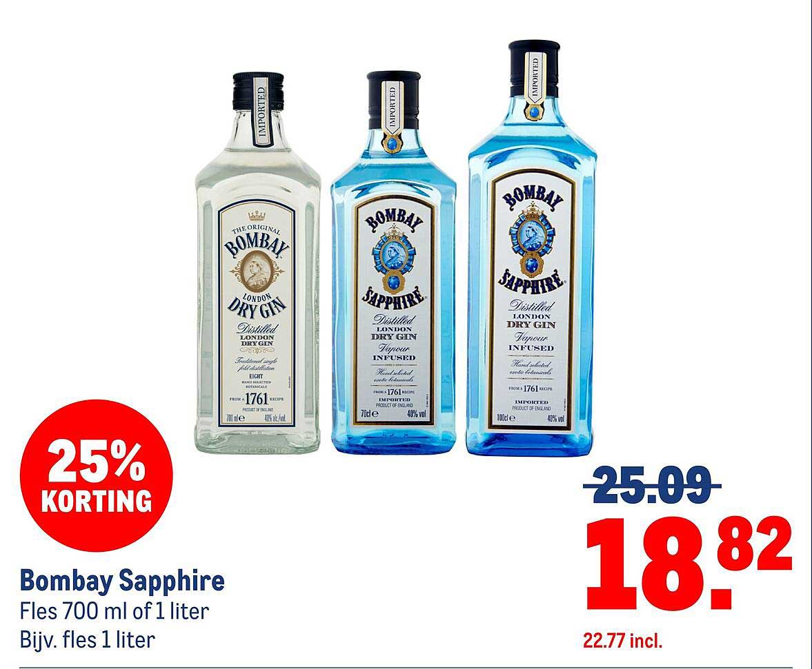 Bombay Sapphire Fles 700 ml of 1 liter Bvj. fles 1 liter 25% KORTING