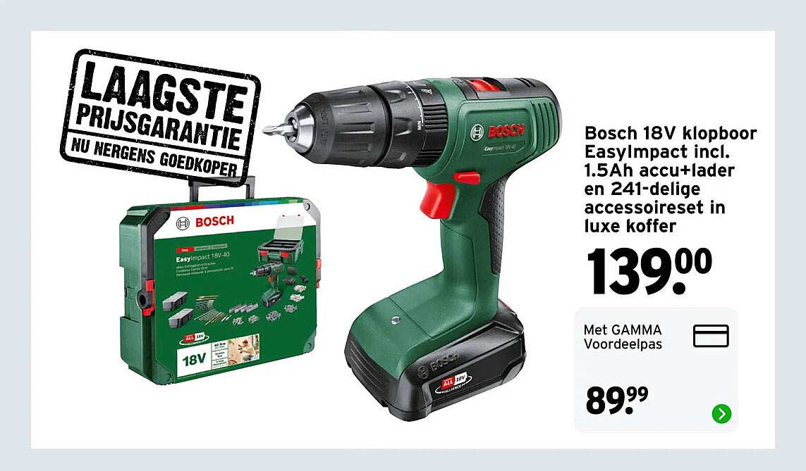 Bosch 18V klopboor EasyImpact incl. 1.5Ah accu+lader en 241-delige accessoireset in luxe koffer
