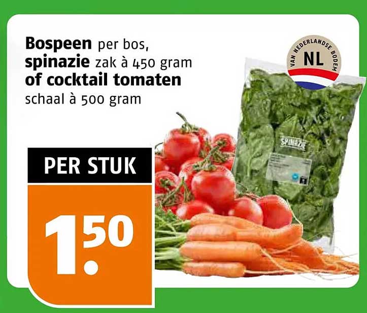 Bospeen per bos, spinazie zak à 450 gram of cocktail tomaten schaal à 500 gram