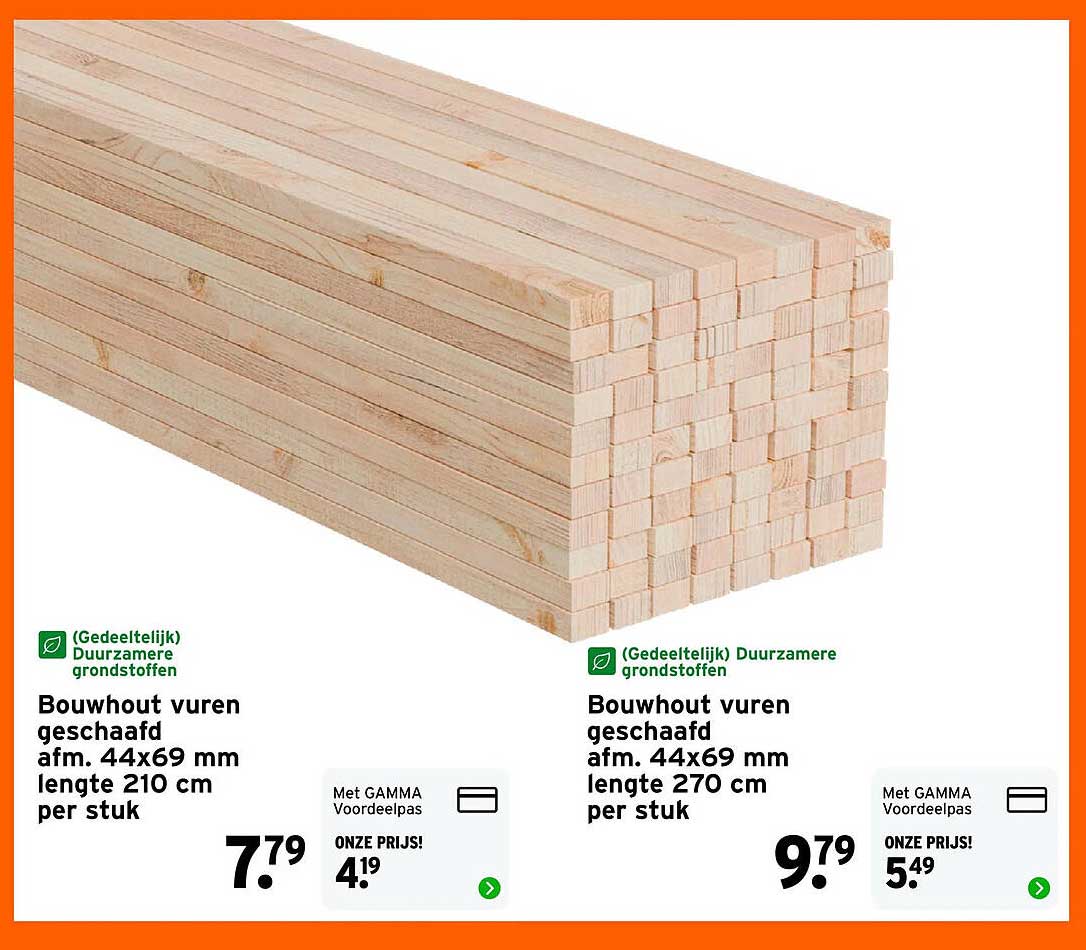 Bouwhout vuren geschaafd afm. 44x69 mm lengte 210 cm per stuk