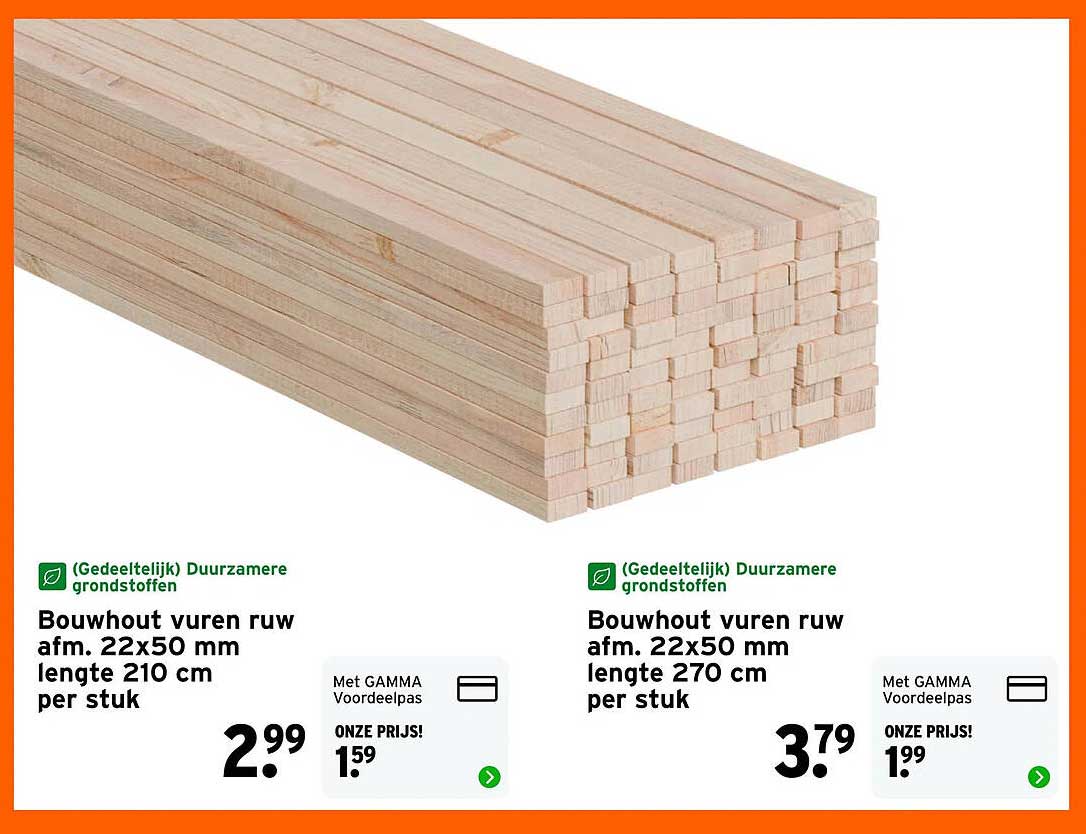 Bouwhout vuren ruw afm. 22x50 mm lengte 210 cm per stuk