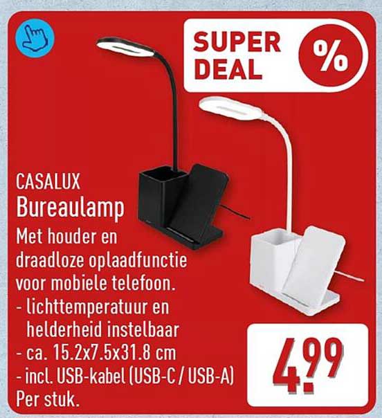 CASALUX Bureaulamp Met houder en draadloze oplaadfunctie voor mobiele telefoon. - lichttemperatuur en helderheid instelbaar - ca. 15.2x7.5x31.8 cm - incl. USB-kabel (USB-C / USB-A) Per stuk.
