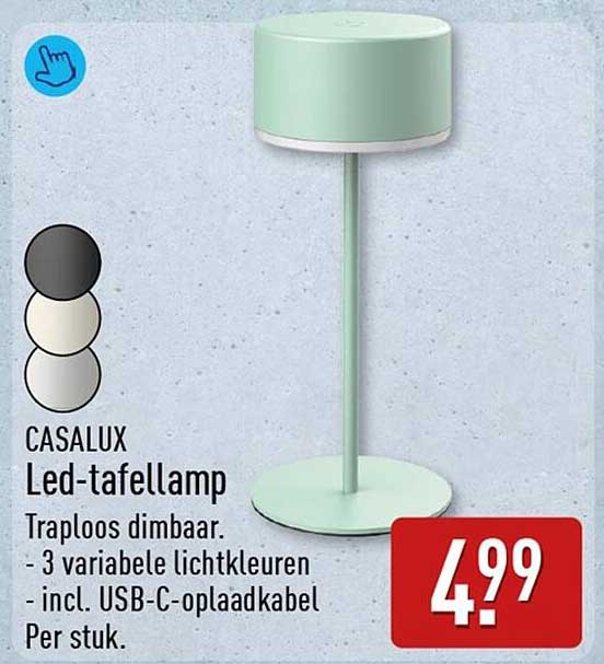 CASALUX Led-tafellamp Traploos dimbaar. - 3 variabele lichtkleuren - incl. USB-C-oplaadkabel Per stuk.