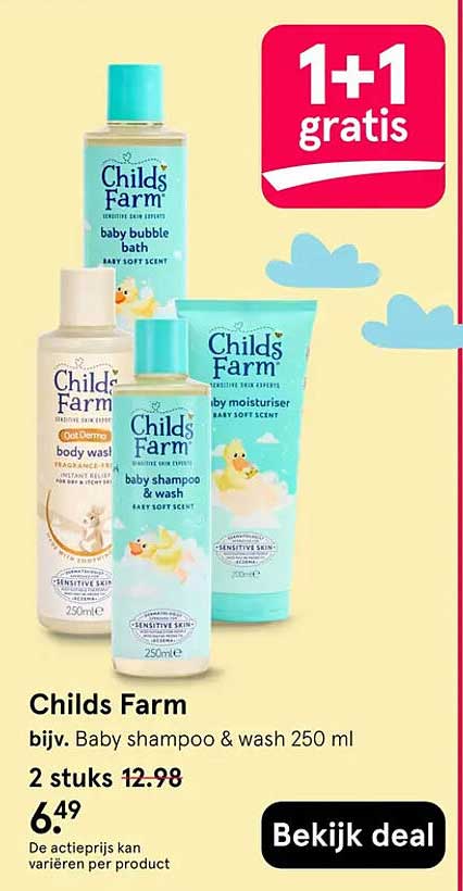 Childs Farm bijv. Baby shampoo & wash 250 ml 1+1 gratis