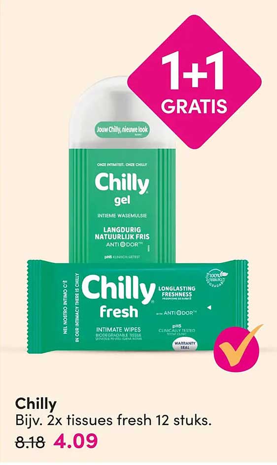 Chilly Bijv. 2x tissues fresh 12 stuks. 1+1 GRATIS