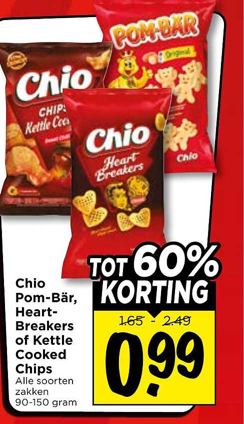 Chio Pom-Bär, Heart-Breakers of Kettle Cooked Chips Alle soorten zakken 90-150 gram TOT 60% KORTING