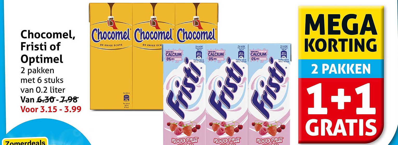 Chocomel, Fristi of Optimel 2 pakken met 6 stuks van 0.2 liter 1+1 gratis