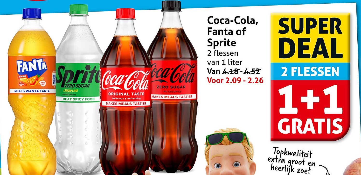 Coca-Cola, Fanta of Sprite 2 flessen van 1 liter 1+1 gratis