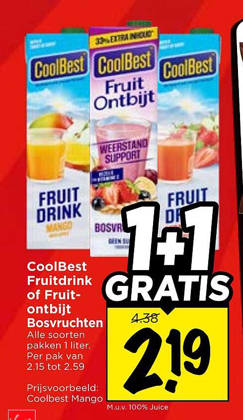CoolBest Fruitdrink of Fruitontbijt Bosvruchten 1+1 GRATIS