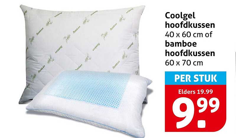 Coolgel hoofdkussen 40 x 60 cm of bamboe hoofdkussen 60 x 70 cm PER STUK