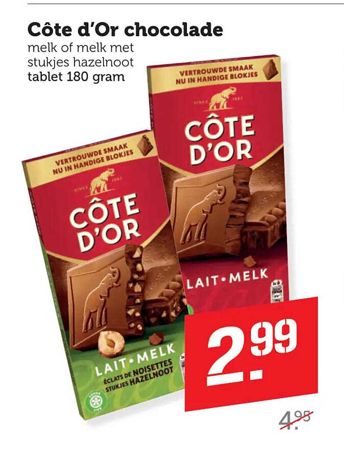 Côte d’Or chocolade melk of melk met stukjes hazelnoot tablet 180 gram