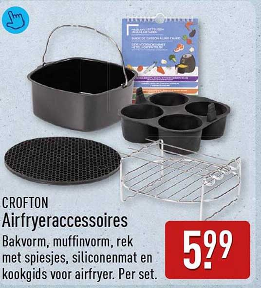 CROFTON Airfryeraccessoires Bakvorm, muffinvorm, rek met spiesjes, siliconenmat en kookgids voor airfryer. Per set.