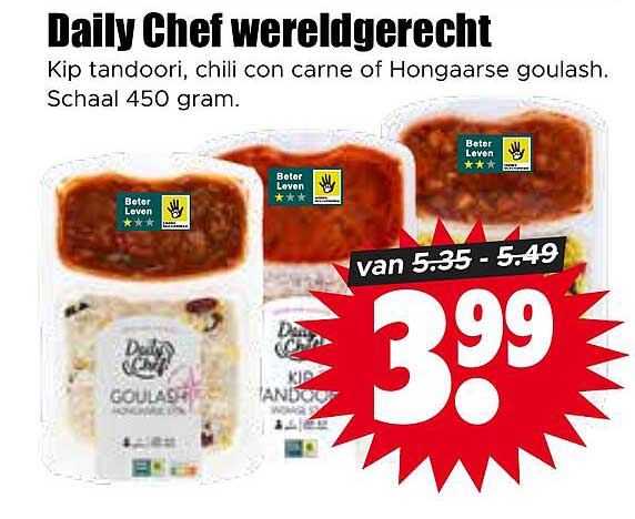 Daily Chef daggerecht Kip tandoori, chili con carne of Hongaarse goulash. Schaal 450 gram.